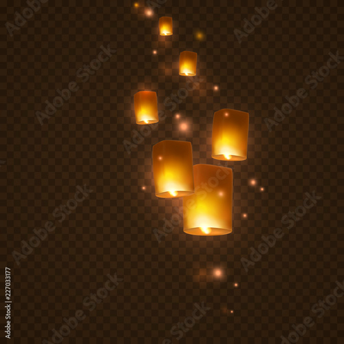 Lanterns isolated on transparent background. Diwali festival floating lamps. Vector indian paper flying lights with flame at night sky.