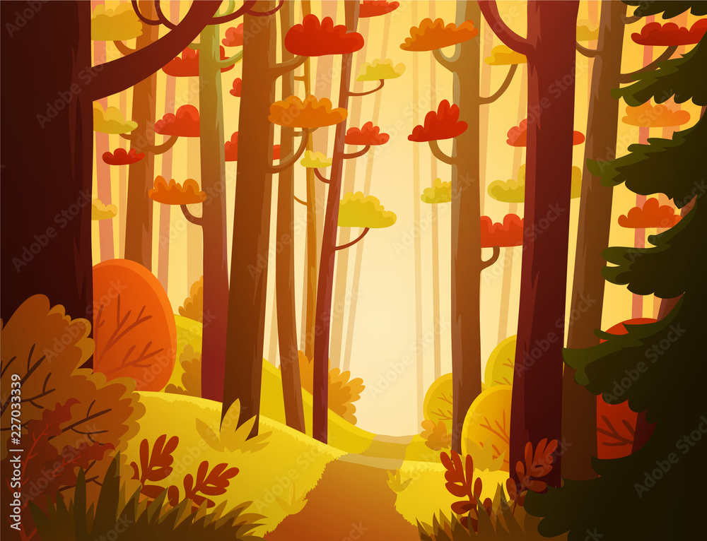 Cartoon forest in autumn with red and orange colored vegetation
