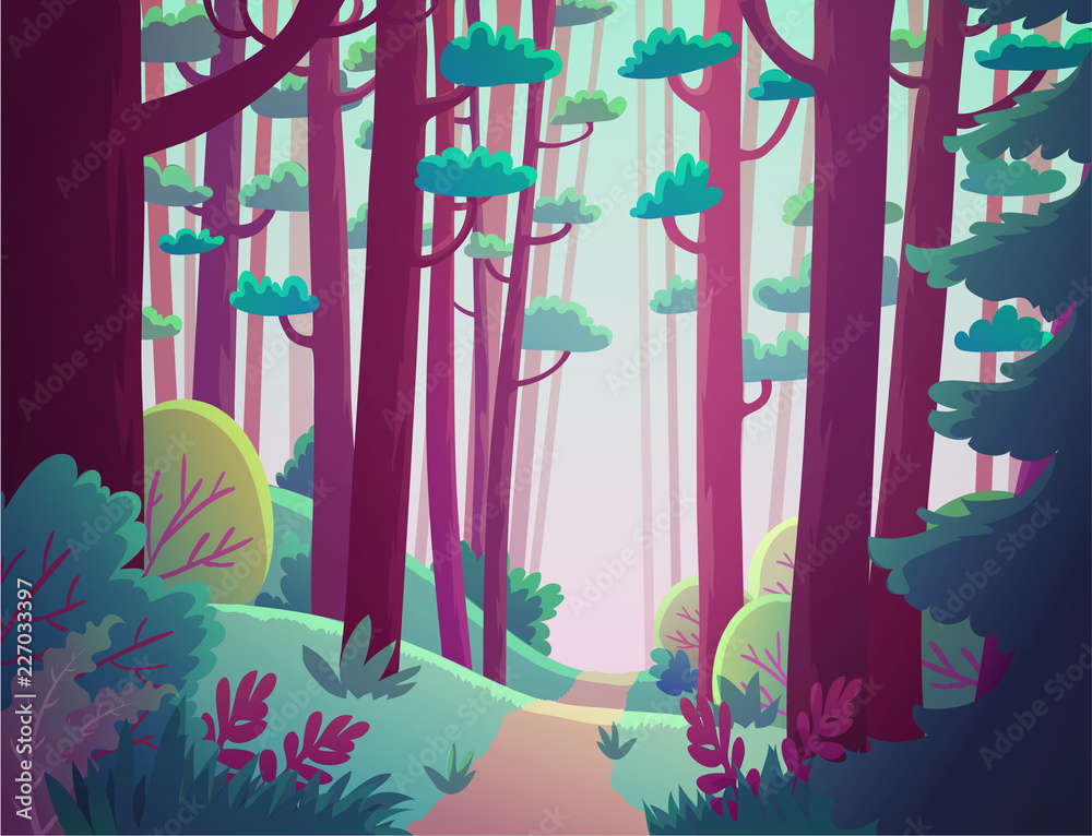 Cartoon fantasy forest with pink trees. Background vector illustration