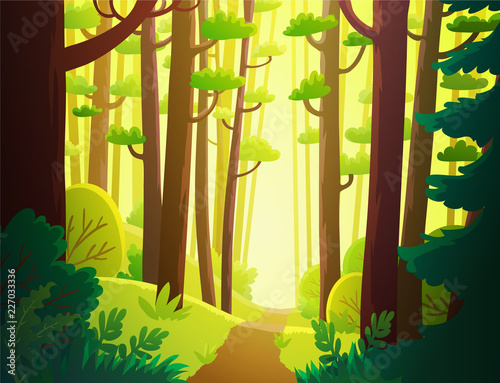 Plakat Kreskówka las z jasnym światłem słonecznym i zielonymi liśćmi. Ilustracji wektorowych w tle.