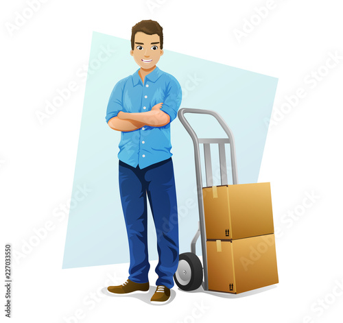 Delivery man in blue shirt with trolley and cardboard boxes. Vector illustration.