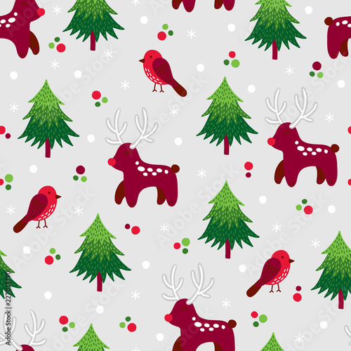 Christmas seamless pattern with deer, bullfinch and snowflake