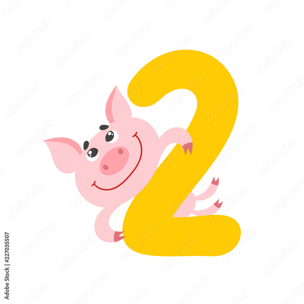Number two with cute cartoon pig isolated on white.