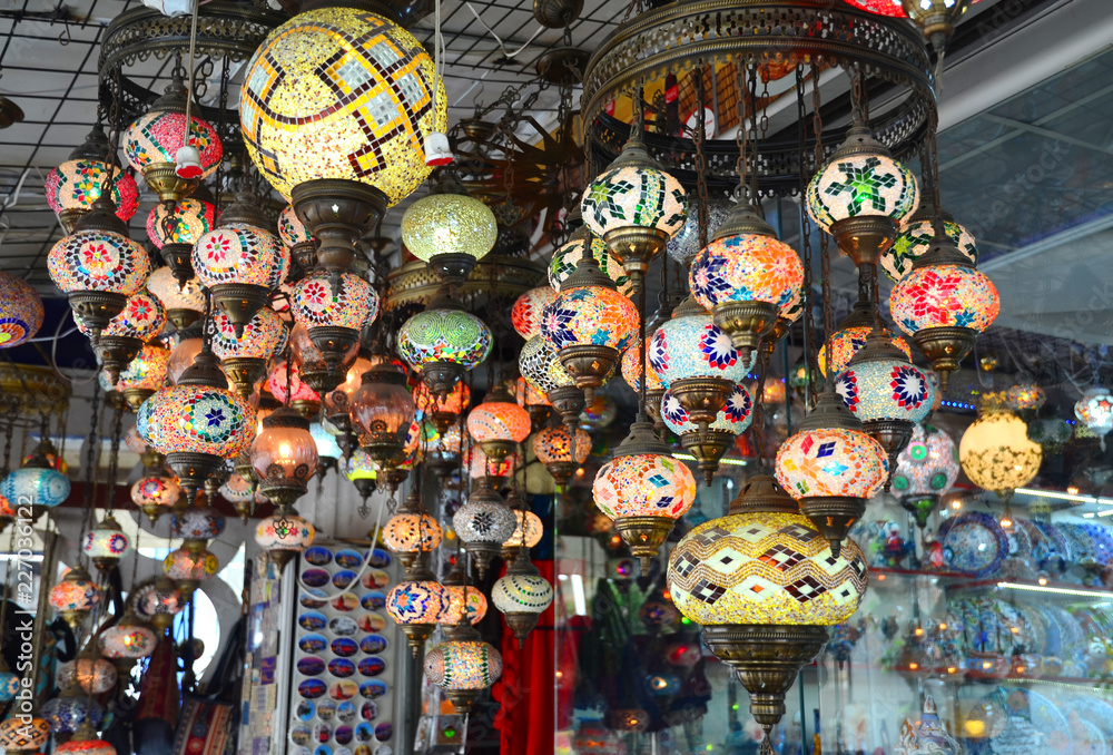 ISTANBUL, TURKEY. A bunch of turkish lamps at one of many istanbul gift shops. 