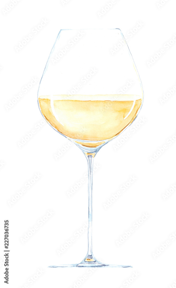 Watercolor hand drawn sketch illustration of glass with white wine isolated on white