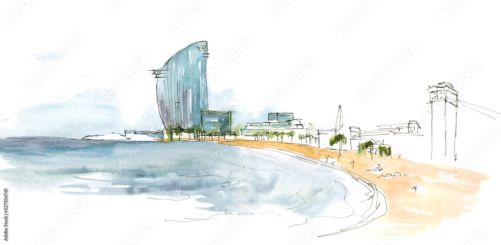 Watercolor hand drawn sketch landscape illustration of Barceloneta Beach, Barcelona, Spain isolated on white - obrazy, fototapety, plakaty 