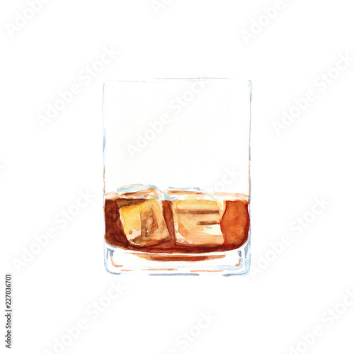 Watercolor hand drawn sketch illustration a glass of whiskey with ice isolated on white