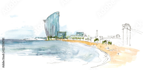 Watercolor hand drawn sketch landscape illustration of Barceloneta Beach, Barcelona, Spain isolated on white photo