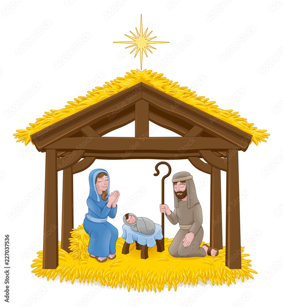 A Christmas nativity scene cartoon, with baby Jesus, Mary and Joseph in the  manger and guiding star above. Stock Vector | Adobe Stock