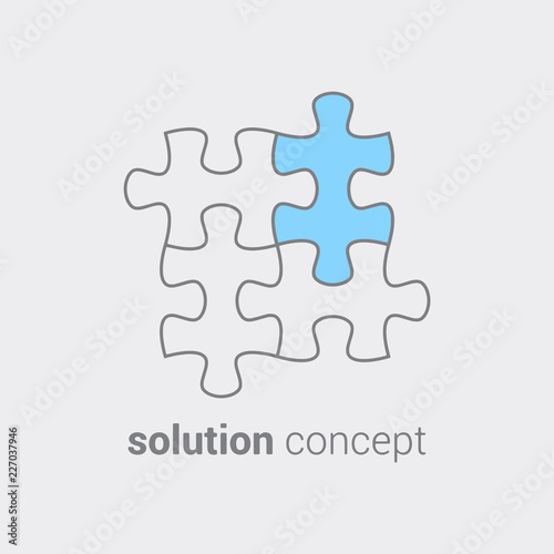 Puzzle with colored part as symbol that in any case it important find a solution. Concept of integration leading to success. Use as logo icon sticker symbol banner poster advertising. Vector isolated.