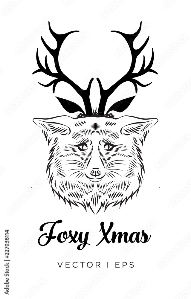 Fototapeta premium Vector editable isolated fox head decorated with deer horns hat. Hand drawn sketch of a fox in Christmas costume tattoo.