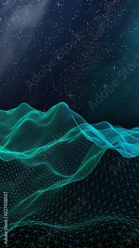 Star horizon. Abstract landscape on a dark background. Cyberspace grid. Hi-tech network. Outer space. Starry outer space texture. 3D illustration © Plastic man