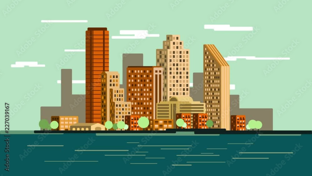 Animation of growing waterfront city skyline. Flat style illustration with skyscrapers and buildings over the water.