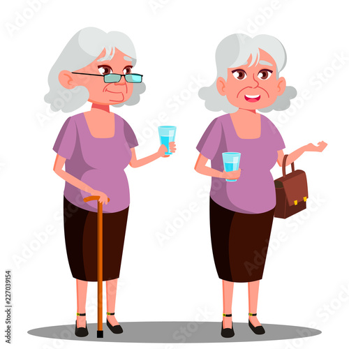 Modern Old Woman With A Glass In Her Hand Vector. Isolated Illustration
