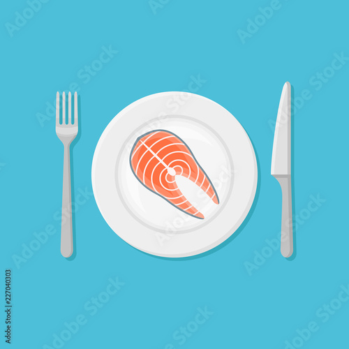 Plate with salmon steak isolated on blue background. Top view. Flat style vector illustration.