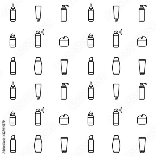 Vector seamless pattern. Icons set of roll-on deodorant, tooth paste, cream, bottle of serum, shampoo, shower gel, liquid soap. Black outline on a white background. Flat style