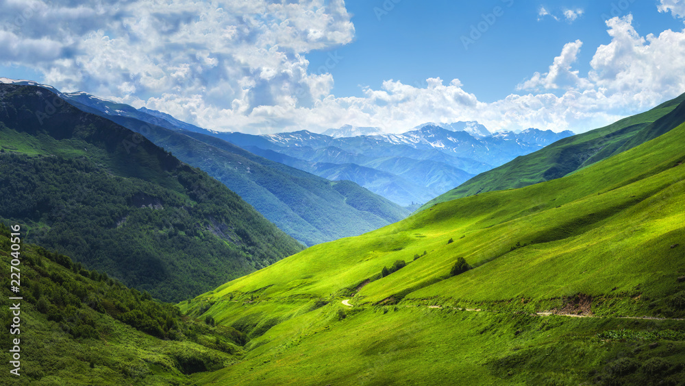 Mountain green alpine valley. Bright Mountains landscape. Hills covered by green grass. Grassy highlands in Svaneti region of Georgia on summer sunny day. Amazing view on Caucasus nature