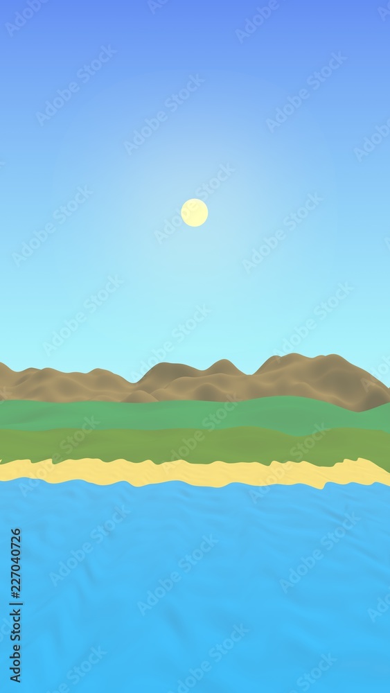 Sun Sea Beach. Noon. Ocean shore line with waves on a beach. Island beach paradise with waves. Vacation, summer, relaxation. Seascape, seashore. Minimalist landscape, primitivism. 3D illustration