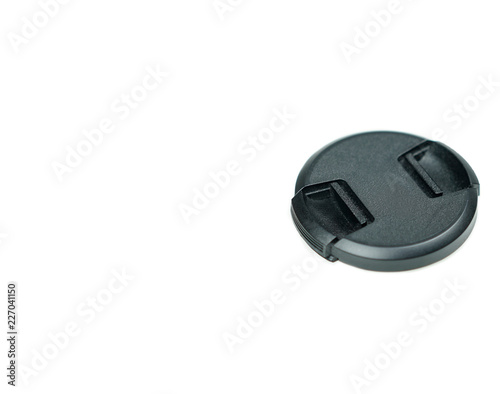 Black cover for protect lens of camera with copy space on isolated white