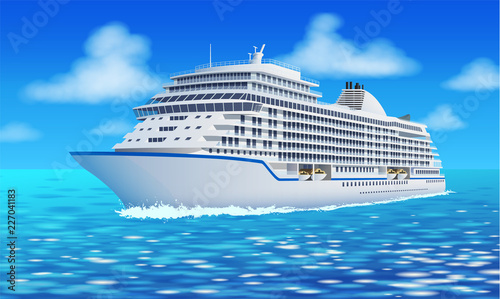 Great cruise liner  ocean  blue sky in flat style. Cruise family vacation  holiday summer luxury. Vector illustration.