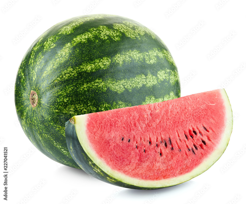 Whole and slice of ripe watermelon - obrazy, fototapety, plakaty 