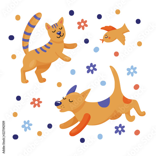 Cute happy jumping cat, running dog and flying bird, flat cartoon vector illustration isolated on white background. Cartoon cat, bird and dog characters, happy and cheerful, flat petshop banner