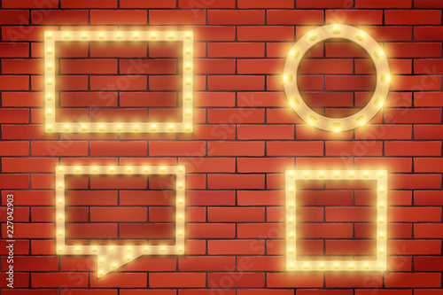 Set of Retro light bulbs and frames on brick wall. Volumetric light. Advertising design of signboard. Vector Illustration