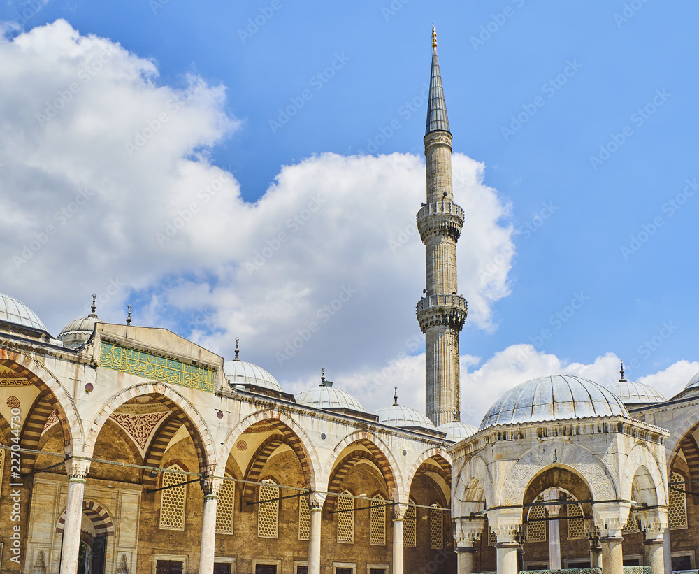 Principal entry to the Arcaded courtyard of The Sultan Ahmet Camii Mosque, also known as The Blue Mosque, with a minaret in the background. Istanbul, Turkey.