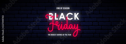 Black Friday long horizontal neon banner. Bright sale sign.  Vector light signboard.