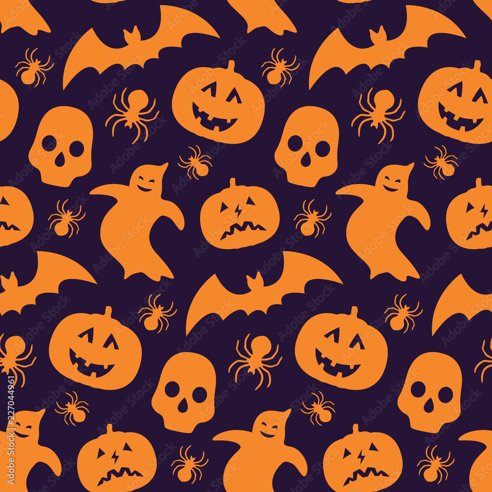 Funny seamless pattern with silhouette of pumpkin, bat, ghost and skull. Repetitive vector wallpaper for Halloween.