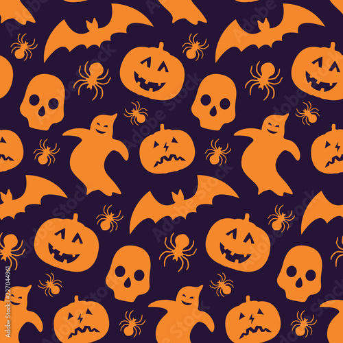 Funny seamless pattern with silhouette of pumpkin, bat, ghost and skull. Repetitive vector wallpaper for Halloween.