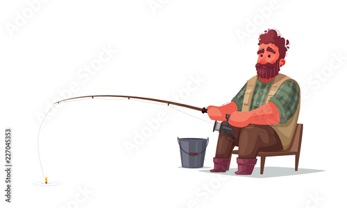 Fisherman with fishing rod. Cartoon vector illustration.
