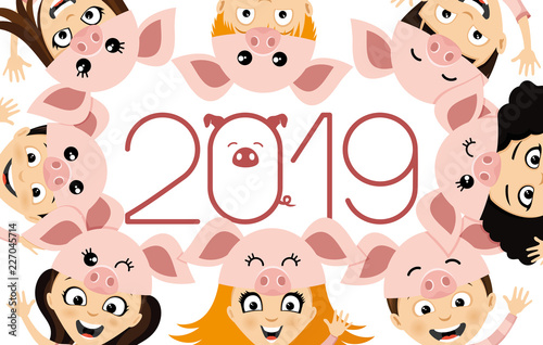 Children in costume piglets symbol of the new 2019 year.