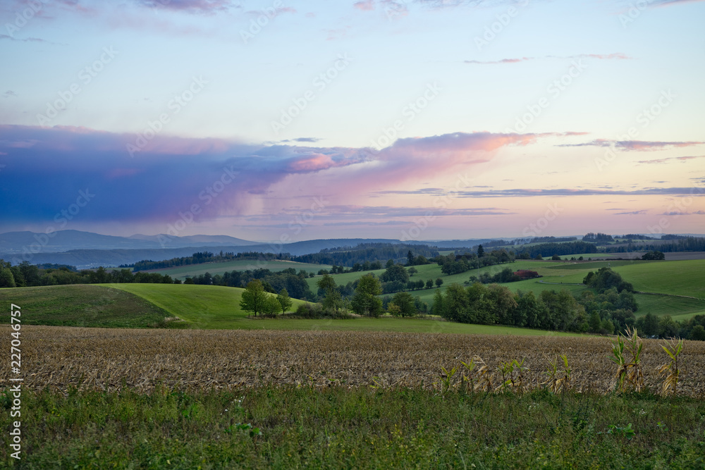 Hilly countryside scenery in the evening