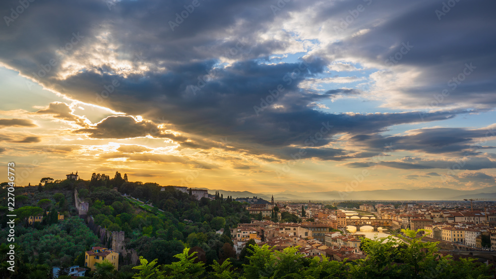 panorama with sunset above florence and ponte vecchio
