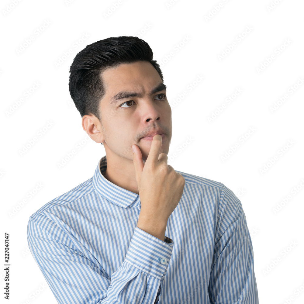 Portrait handsome young asian man wearing a blue shirt thinking and stress isolated on whitel background.Asia man people. business concept.Copy space. Portrait handsome young asian man wearing a blue shirt thinking and stress isolated on whitel background.Asia man people. business concept.Copy space.