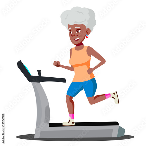 Modern Old Woman Doing Cardio Exercises On A Treadmill Vector. Isolated Illustration