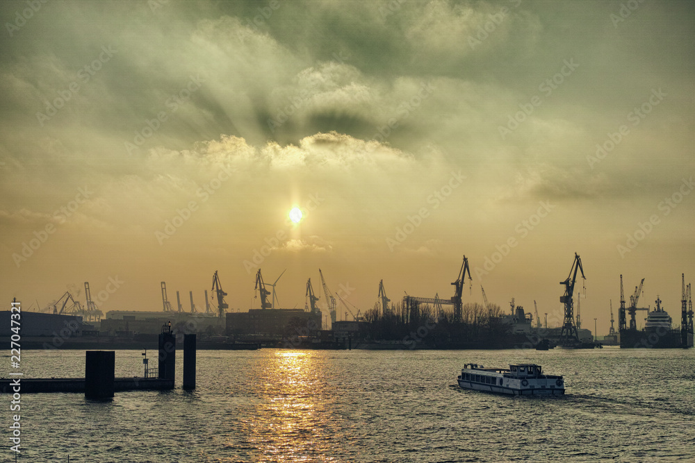 Hamburg Germany sky river sun mystic bridge water reflexion ship boat yacht harbour crane luxury cruise waves