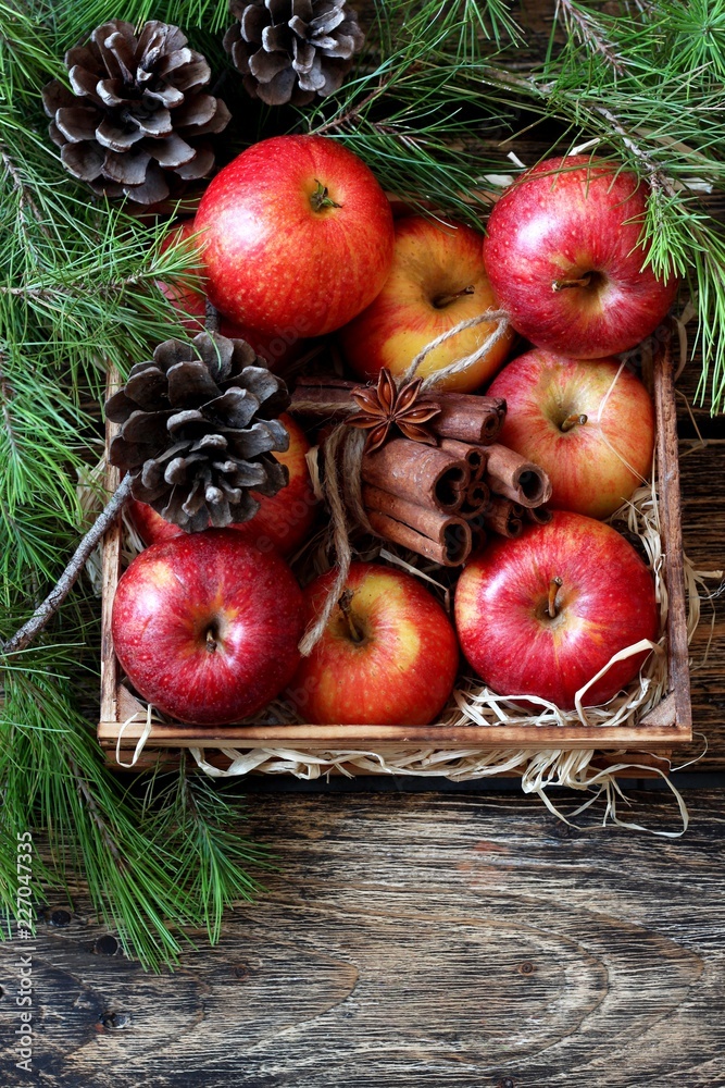 Christmas background contained of cinnamon sticks , apples, pine cones and its branches Christmas background contained of cinnamon sticks , apples, pine cones and its branches