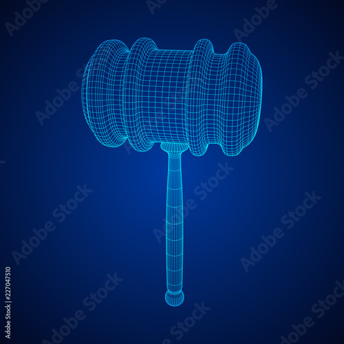 Gavel, hammer of judge or auctioneer. Wireframe low poly mesh vector illustration