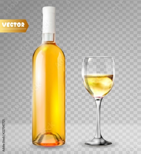 Bottle of wine and wineglass. 3d realism, vector icon with transparency.