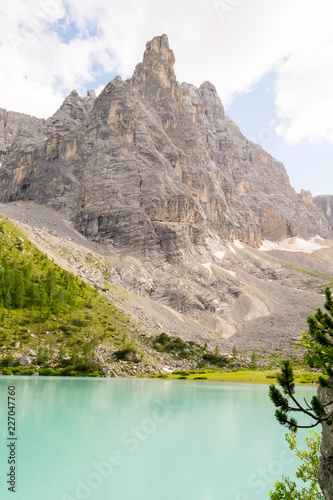 The wonderfull Sorapis lake and mountain in the italian Alps, in the Dolomites range close to Cortina D'ampezzo in Veneto regio, a unique place. The water of the lake is so blue it seems unreal
