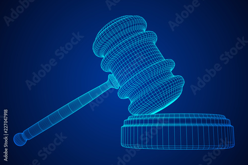 Gavel, hammer of judge or auctioneer. Wireframe low poly mesh vector illustration