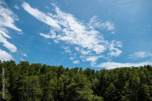 Skyscape blue summer sky with white clouds and tropical mangrove forest in Trat, Thailand