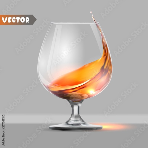 Transparent glass with a splash of brandy. Classic cognac glass, whiskey glass. Vector illustration
