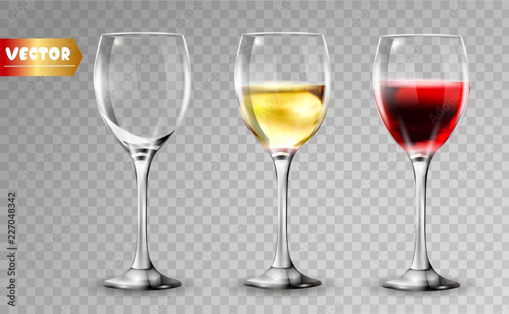 Transparency wine glass. Empty and full. 3d realism, vector icon. Transparency wine glass. Empty and full. 3d realism, vector icon.