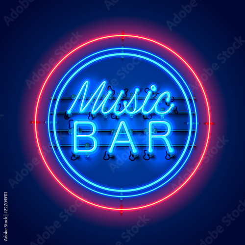 Neon music bar signboard on the red background. Vector illustration