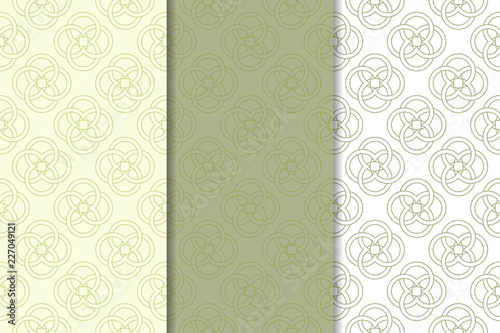 Olive green and white geometric ornaments. Set of seamless patterns © Liudmyla