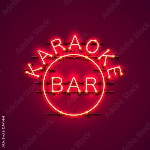 Karaoke bar neon signboard on the red background. Vector illustration