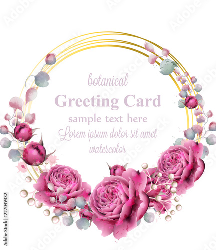 Gold card frame with rose flowers watercolor Vector. Golden abstract design d...
